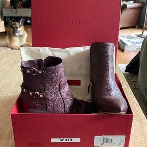 Burgundy Valentino booties with gold spike hardware